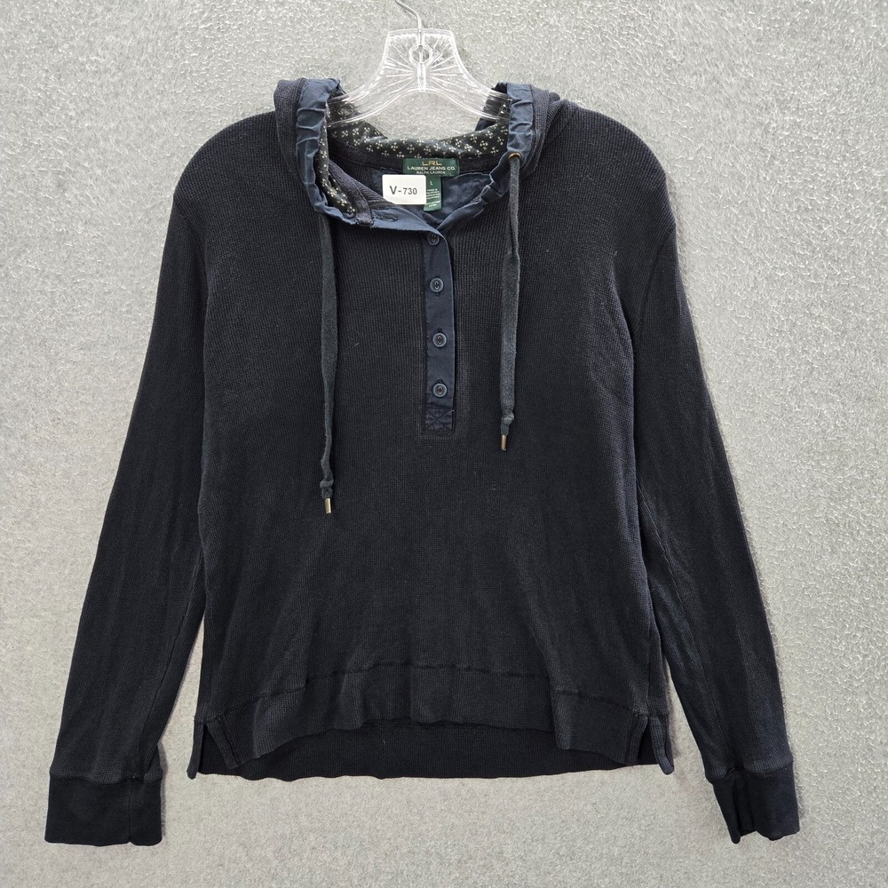 Lauren Ralph Lauren Women Sweatshirt Large Black Hoodie 1/4 Button Pullover
